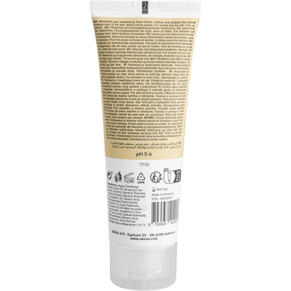 En tube af Abena Re-Seller GmbH håndcreme (21% fedtindhold, let parfumeret) er afbildet bagfra, med produktinformation, instruktioner og ingredienser på flere sprog samt anvendelses- og genbrugssymboler nederst.