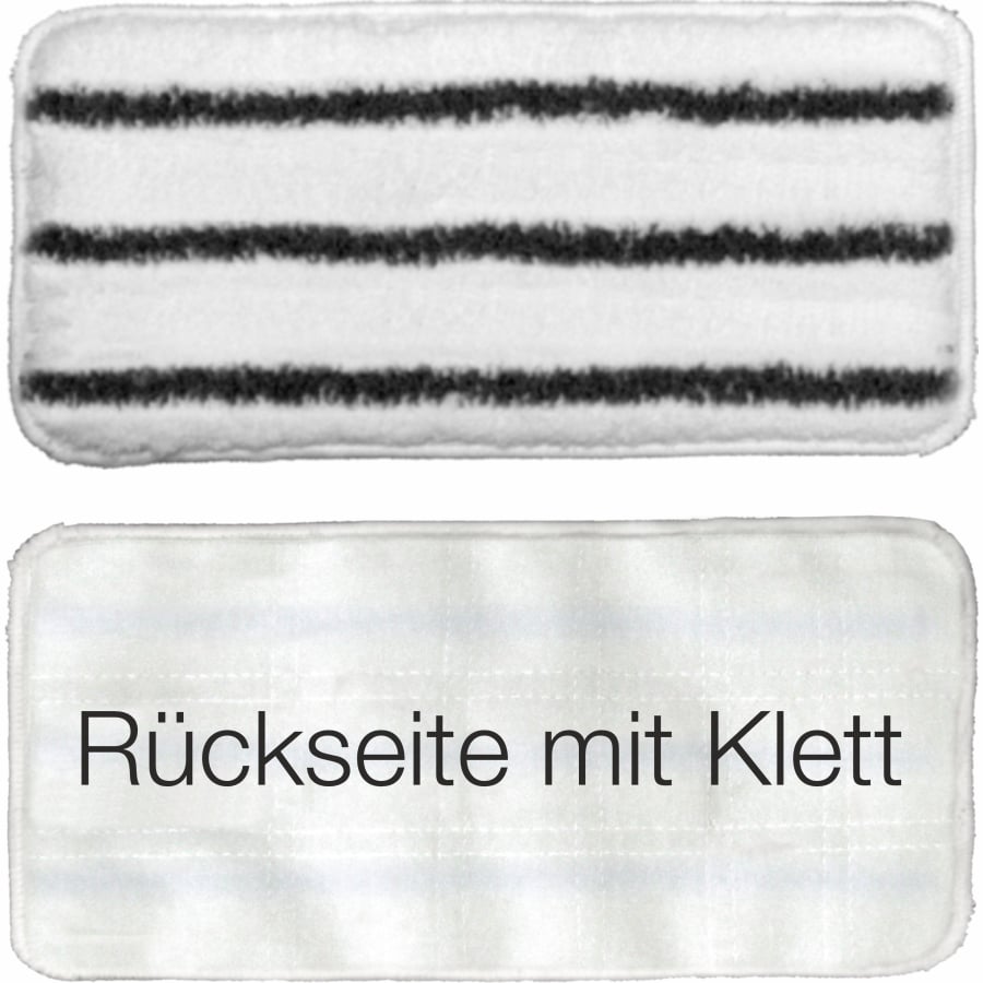 Afbildet er to rektangulære rengøringspads: den øverste udløbsartikel Arcora håndpad hård 27x13 cm med nanostruktureret overflade og tre sorte striber til professionel brug, og den nederste enkle hvide pad med teksten "Bagside med velcro". Mærke: Arcora International GmbH.