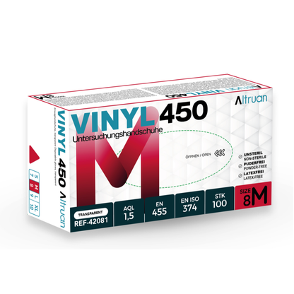 Eine Schachtel mit Altruan Vinyl 450 Einmalhandschuhen, transparent, Größe 8M, 100 Stück. Die Verpackung zeigt Produktdetails, Normen (EN 455, EN ISO 374) und Icons für latexfrei, unsteril und puderfrei.