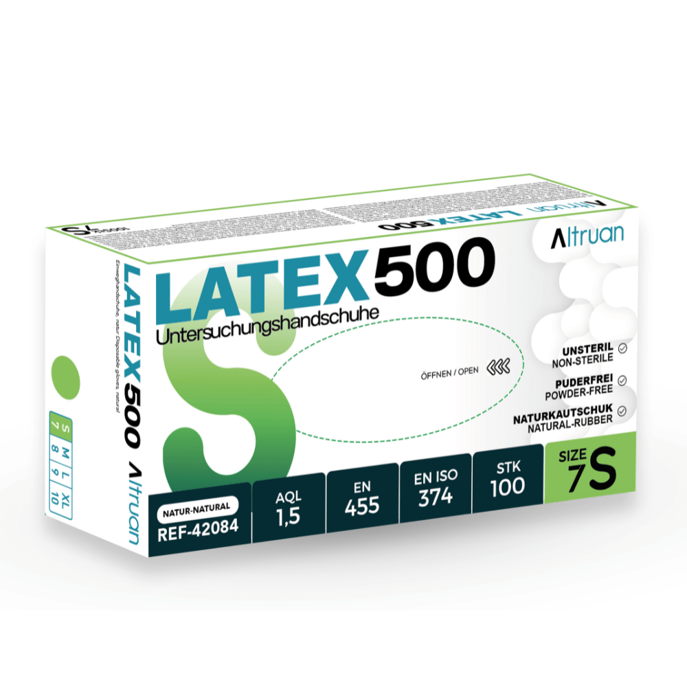 En æske med Altruan Latex 500 engangshandsker, natur, størrelse 7S. Indeholder 100 stykker, pudderfri og usteril. Produktdetaljer på tysk og engelsk. Ideel til alle, der søger højkvalitets Altruan Latex handsker.