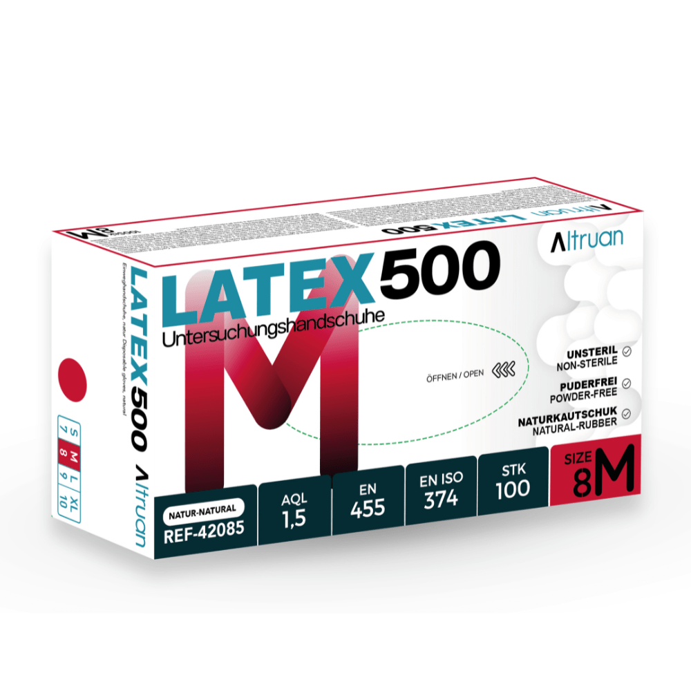 En æske Altruan Latex 500 engangshandsker, natur, 100 stykker, usterile, pudderfri engangshandsker lavet af naturgummi med produktkoder og certificeringer på emballagen. Mærke: Altruan.