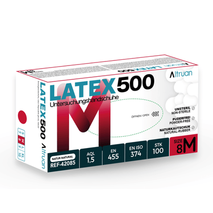 En æske Altruan Latex 500 engangshandsker, natur, 100 stykker, usterile, pudderfri engangshandsker lavet af naturgummi med produktkoder og certificeringer på emballagen. Mærke: Altruan.