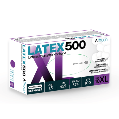 En hvid-lilla æske med påskriften "Altruan Latex 500 handsker" indeholder 100 naturlige, pudderfri, usterile engangshandsker fra Altruan i størrelse XL til pålidelig beskyttelse.