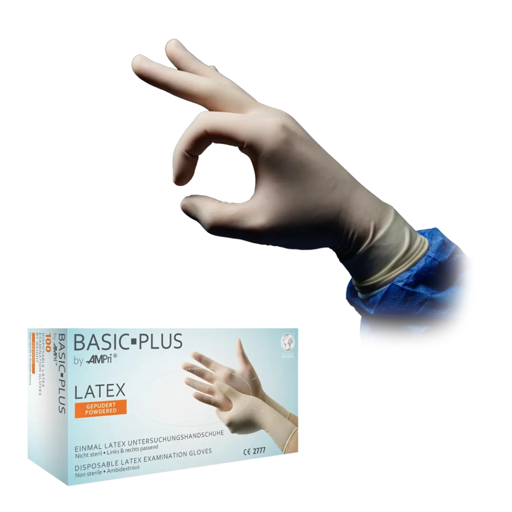 En hånd med en latexhandske laver en 'OK'-gestus. Under den er der en æske med teksten 'AMPri BASIC-PLUS latexhandsker pudrede, hvide | Box (100 stk.)' fra AMPri Handelsgesellschaft mbH, der indeholder engangs-undersøgelseshandsker af latex. Æsken viser et billede af behandskede hænder og en flersproget tekst, der understreger kemikaliebeskyttelsen.