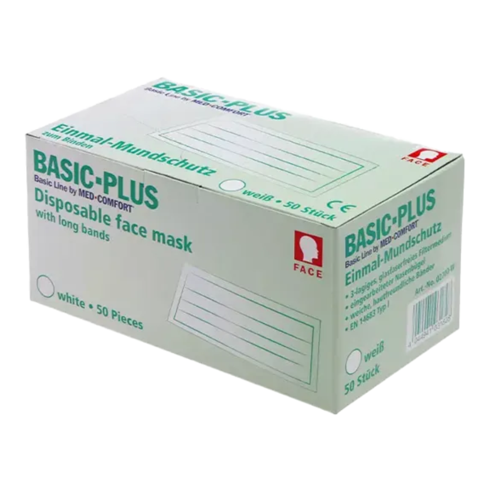 En hvid karton med teksten „AMPri BASIC-PLUS OP Maske 3-lg. Typ II til binding“ i grøn skrift fra AMPri Handelsgesellschaft mbH. Boksen indeholder 50 hvide medicinske engangs-åndedrætsmasker med lange bånd. Produktinformationen vises både på engelsk og tysk, inklusive teksten „Engangs-mundbind“ og „50 stykker“.