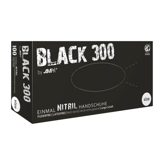 Eine schwarze Schachtel mit AMPri BLACK 300 Nitrilhandschuhen mit Überlänge, beschriftet mit weißem Text. Diese Einweghandschuhe sind puder- und latexfrei, für beide Hände geeignet und verfügen über eine verlängerte Stulpe zum Chemikalienschutz. Die Schachtel enthält 100 Handschuhe, die Größe ist deutlich auf der Seite gekennzeichnet.