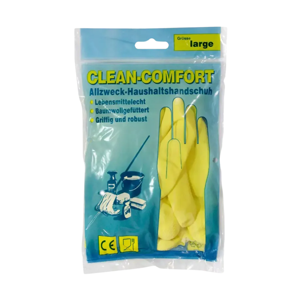 Billedet viser en pakke AMPri CLEAN-COMFORT latex-husholdningshandsker pudderfri, der er designet til store hænder. Den blå og gennemsigtige plastikemballage præsenterer de gule handsker indeni. Teksten på forsiden fremhæver deres fødevaresikkerhed, deres bomuldsforing, deres holdbare greb og at de er pudderfri. Disse handsker er fremstillet af AMPri Handelsgesellschaft mbH og fås i forskellige farver.