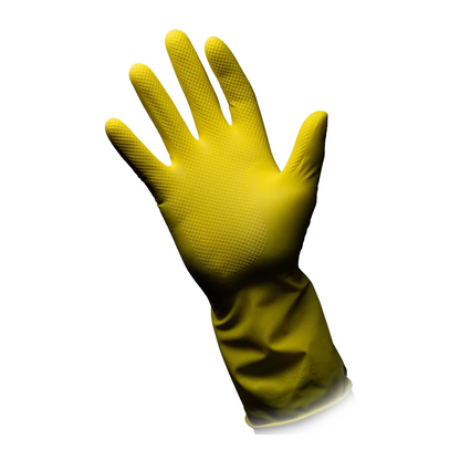 En AMPri CLEAN-COMFORT latex-husholdningshandske i gul er rettet med håndfladen fremad. Handsken fra AMPri Handelsgesellschaft mbH har en struktureret grebflade på håndflade og fingre og rækker lidt ud over håndleddet. Den hvide baggrund fremhæver dens anvendelighed til forskellige opgaver.