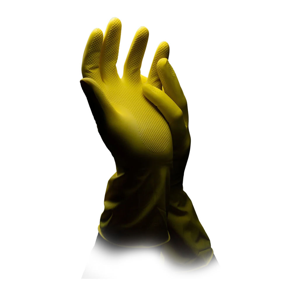 Foran en hvid baggrund er et par latexfri AMPri CLEAN-COMFORT-husholdningshandsker fra AMPri Handelsgesellschaft mbH afbildet. En gul handske er afbildet med åben håndflade, mens den anden handske let overlapper denne. De genanvendelige arbejdssikkerhedshandsker har strukturerede overflader på håndflader og fingre for at forbedre grebet.