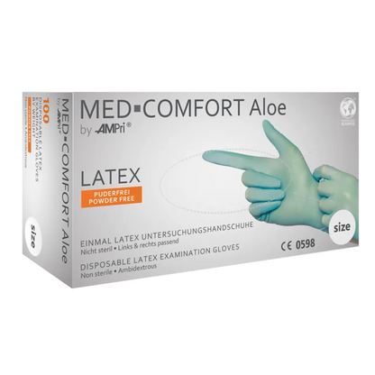 Billedet viser en æske AMPri MED-COMFORT Aloe latexhandsker pudderfri, mintgrøn fra AMPri Handelsgesellschaft mbH. Disse engangshandsker til undersøgelse er lavet af latex, er ikke-sterile, pudderfri og velegnede til begge hænder. Æsken viser et billede af hænder iført handsker og angiver, at de er beregnet til engangsbrug. Æsken indeholder 100 handsker.