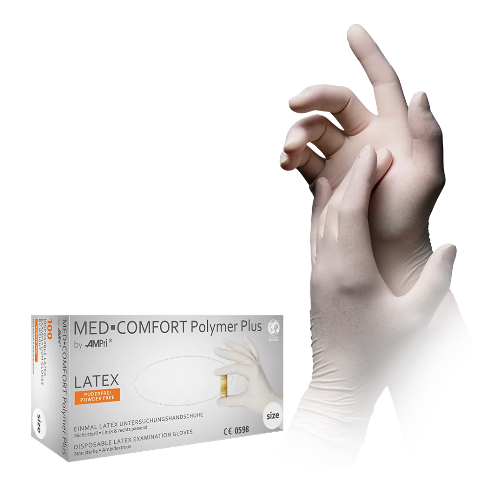 Man ser en hånd iført en hvid, pudderfri latexhandske, som strammes med den anden hånd. Underneden er en æske med teksten 'AMPri MED-COMFORT Polymer Plus latexhandsker', hvilket angiver, at det er handsker fra AMPri Handelsgesellschaft mbH, der er beregnet til engangsbrug og tilbyder fremragende kemikaliebeskyttelse; æsken indeholder 100 stykker.