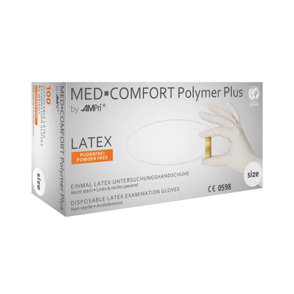 En æske AMPri MED-COMFORT Polymer Plus latexhandsker pudderfri, hvid | Boks (100 stykker) fra AMPri Handelsgesellschaft mbH. Den hvide, flersprogede æske angiver, at handskerne er pudderfri og ikke-sterile. En handske holdes i hånden. Æskens størrelse er angivet på siden og indikerer de kemiske beskyttelsesegenskaber.