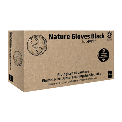 En kasse med påskriften „AMPri Nature Gloves BLACK Nitrilhandschuhe Biologisch abbaubar“ fra AMPri Handelsgesellschaft mbH er udstillet. Den indeholder billeder af en globus og et logo for biologisk nedbrydelighed. Den tyske tekst på kassen beskriver disse sorte biologisk nedbrydelige nitrilhandsker og fremhæver deres høje modstandsdygtighed over for kemikalier og biologisk beskyttelse.