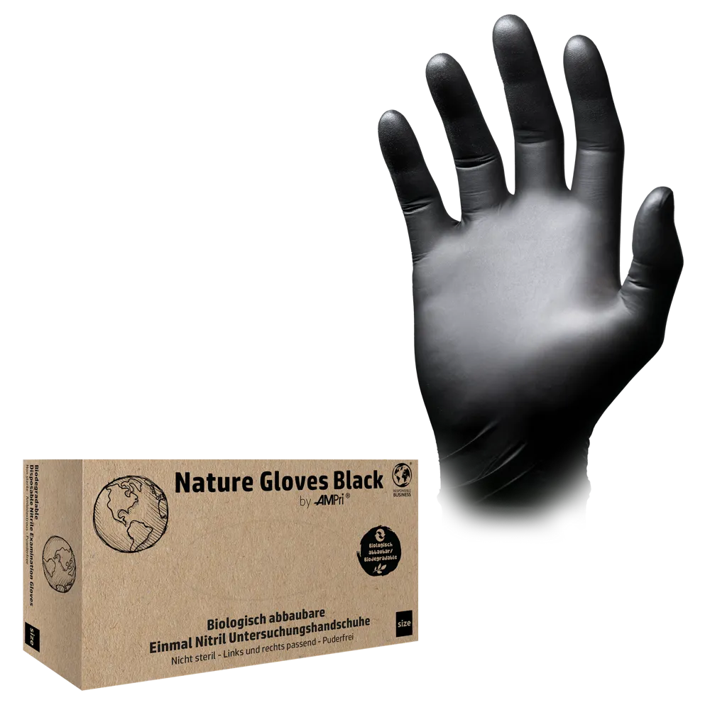 Ved siden af emballagen „AMPri Nature Gloves BLACK“ vises en sort engangshandske, der viser sit biologisk nedbrydelige nitrilmateriale. Disse biologisk nedbrydelige nitrilhandsker er pudderfri, tilbyder høj modstandsdygtighed og er velegnede til begge hænder.