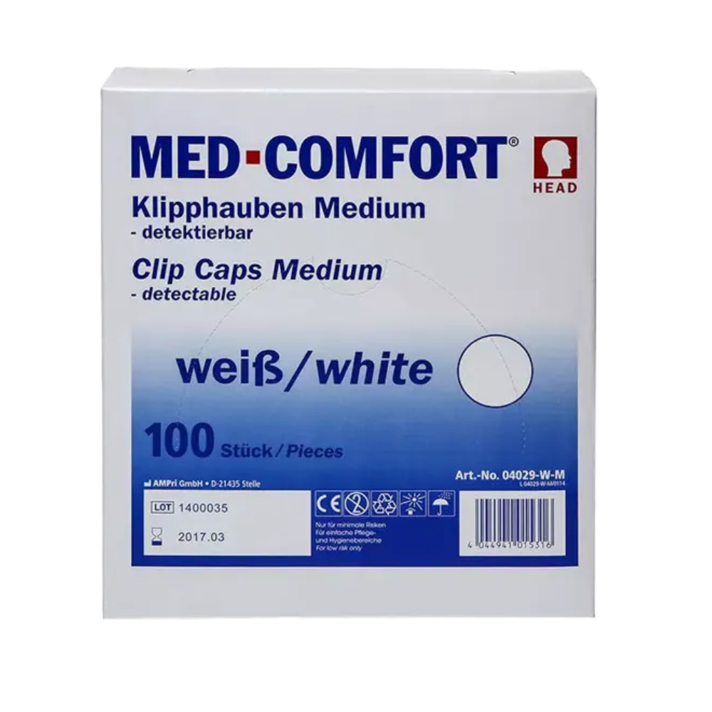 En æske med AMPri PP klipshue, der kan detekteres i mellemstørrelse, farve hvid, er lavet af polypropylen for øget holdbarhed. Emballagen bekræfter, at det er detekterbare klipshætter og indeholder 100 stykker. Modelnummeret 04209-W-M er tydeligt angivet sammen med produktlogoer og -detaljer for at sikre overholdelse af hygiejnebestemmelser.