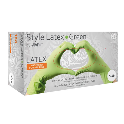 AMPri STYLE GREEN latexhandsker pudderfri fra MED-COMFORT af AMPri Handelsgesellschaft mbH leveres i en boks med 100 stykker. På emballagen er hænder afbildet, der danner en hjerteform med de grønne handsker. Disse handsker er upudrede, beregnet til engangsbrug og ikke-sterile.