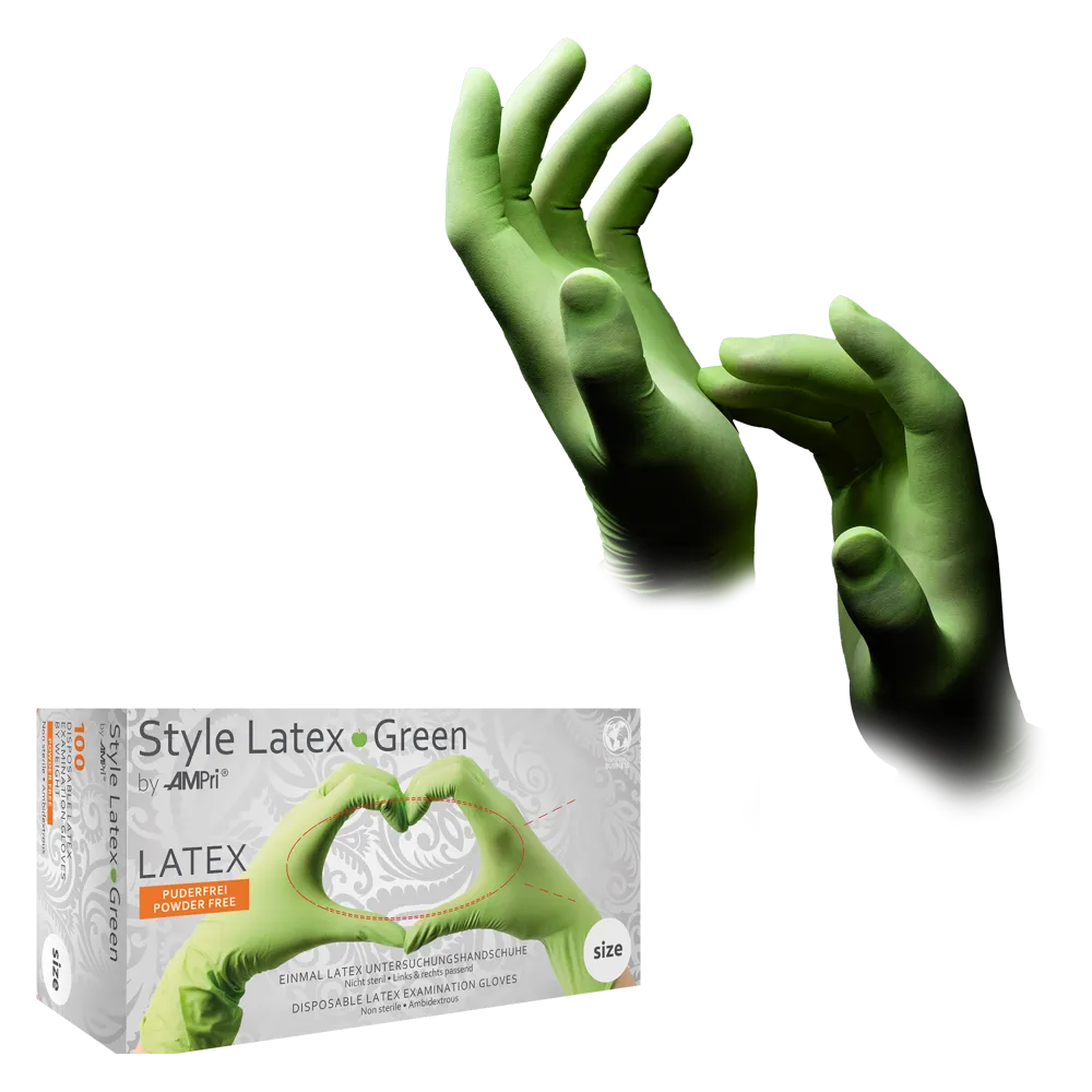 Afbildet er et par grønne latexhandsker med let bøjede fingre. Under dette præsenterer en produktpakke med teksten "AMPri STYLE GREEN" fra AMPri Handelsgesellschaft mbH disse kemikaliebeskyttelseshandsker som latex, upudrede og til engangsbrug i en pakke med 100 stykker.
