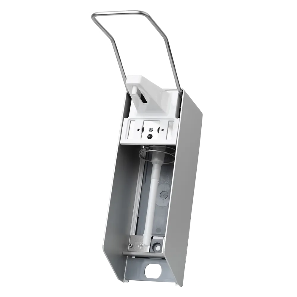 Vi præsenterer AMPri vægdispenseren fra AMPri Handelsgesellschaft mbH, designet til 500 ml desinfektionsmiddel og sæbe. Denne vægmonterede dispenser har et elegant sølvfarvet ydre og en hygiejnisk udlevering, komplet med en lang håndtag for nem betjening. Indeni er der en trykpumpeflaske.