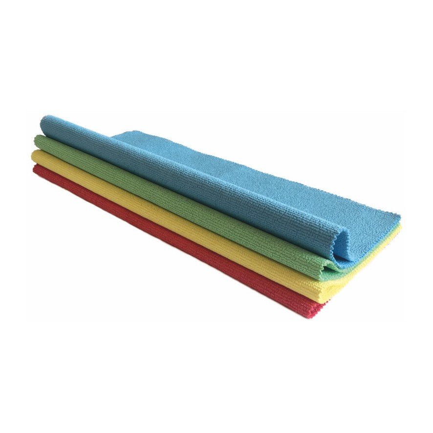 Fire Arcora STRONG-LINE-PU MICROFASERTUCH (40 x 30 cm) fra Arcora International GmbH i farverne blå, grøn, rød og gul er foldet og stablet foran en hvid baggrund.
