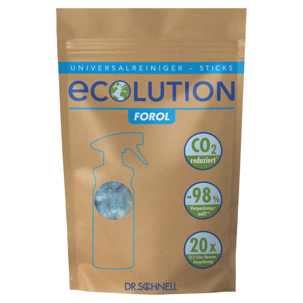 Den brune pose med påskriften "Dr. Schnell ECOLUTION FOROL STICKS" fra DR.SCHNELL GmbH & Co. KGaA indeholder 60g universel rengøringssticks i pulverform, der muliggør en miljøvenlig rengøring med CO₂-reduktion og besparelse af emballagemateriale.