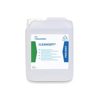Ein 5-Liter-Kunststoffbehälter der Dr. Schumacher GmbH Cleanisept® Flächendesinfektion und Reinigung, mit weiß-blauem Etikett mit grünen Akzenten und mehrsprachiger Produktinformation. Perfekt für die Desinfektion von Flächen und Medizinprodukten.