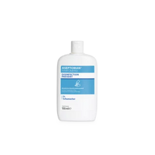 Eine weiße 150-ml-Flasche Dr. Schumacher Aseptoman® parfümfrei Händedesinfektion der Dr. Schumacher GmbH mit blauem Etikett und weißem Verschluss steht aufrecht auf einem schlichten hellgrauen Hintergrund.