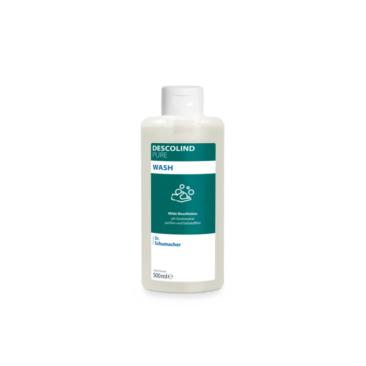 En hvid plastflaske af Dr. Schumacher Descolind Pure Wash Waschlotion (500 ml) fra Dr. Schumacher GmbH, med en grøn-hvid etiket, står foran en enkel lysegrå baggrund. Denne pH-hudneutrale parfume-fri vaske lotion er ideel til følsom hud.