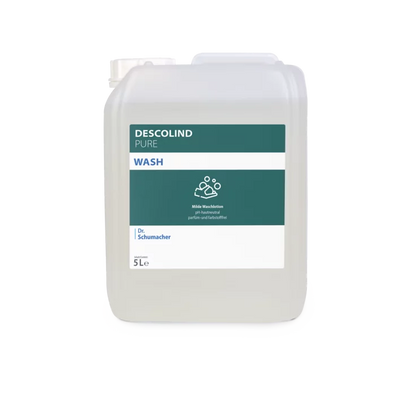 En 5-liters beholder af Dr. Schumacher Descolind Pure Wash Waschlotion fra Dr. Schumacher GmbH af klart plastik med en teal-hvid etiket, hvorpå der er afbildet et ikon med vaskede hænder; denne vaske lotion er parfume-fri.