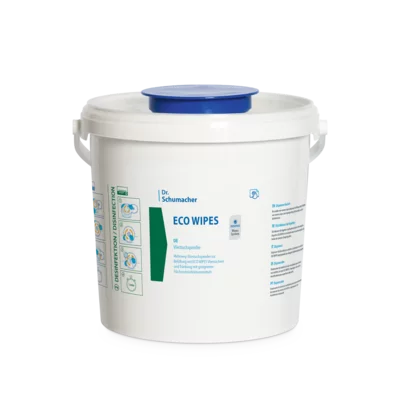Weißer Kunststoffbehälter mit blauem Deckel und der Aufschrift "Dr. Schumacher ECO WIPES EIMER | Set (6 Eimer)" der Dr. Schumacher GmbH. Auf der Seite sind Hinweise und Details zu diesen umweltfreundlichen Tüchern für eine nachhaltige Reinigung aufgedruckt.