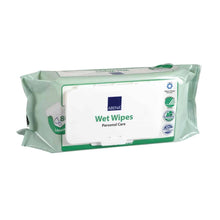 Abgebildet ist eine Packung Abena Feuchtpflegetücher mit Deckel 18x20cm (80 Stück) der Abena Re-Seller GmbH in den Farben grün und weiß, mit Flip-Top-Deckel und beschriftet für Körperpflege ohne Wasser.