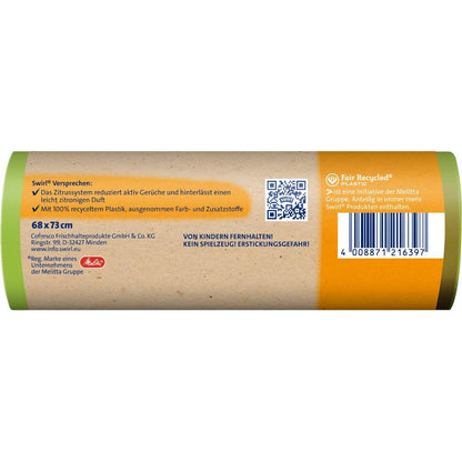 Billedet viser emballagen til Swirl Aktive Frisk Affaldsposer 60 l Rivfast & Tæt (8 poser) fra Melitta Europa GmbH & Co. KG med produktinformationer, stregkode, sikkerhedsanvisninger og udsagnet "100 % genbrugsplast" på en brun etiket med grønne accenter.