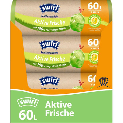 Swirl Aktive Frisk Affaldsposer 60 l fra Melitta Europa GmbH & Co. KG: 8 rivfaste, tætte poser lavet af 100% genbrugsplastik med citrus-system for friskhed, grøn-orange, produktdetaljer på engelsk.