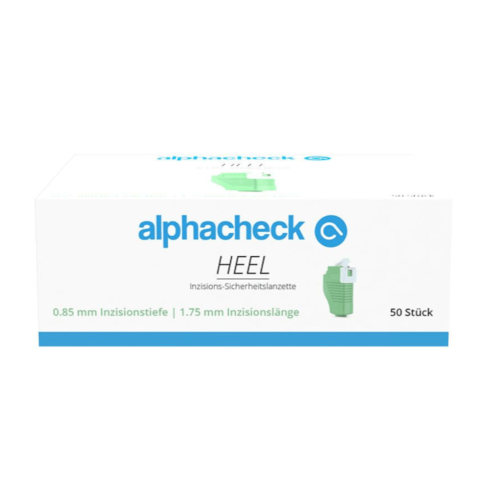 En hvid æske med mærkenavnet "Berger Med GmbH" i grøn og blå skrift. Produktet Alphacheck HEEL incisions-sikkerhedslancetter, forskellige størrelser, betegnes som "incisions-sikkerhedslancet" med oplysningerne 0,85 mm incisiondybde og 1,75 mm incisionslængde til kapillær blodprøvetagning. Æsken indeholder 50 stykker.