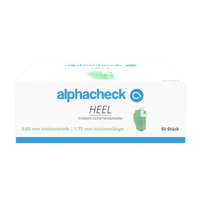 En hvid æske med mærkenavnet "Berger Med GmbH" i grøn og blå skrift. Produktet Alphacheck HEEL incisions-sikkerhedslancetter, forskellige størrelser, betegnes som "incisions-sikkerhedslancet" med oplysningerne 0,85 mm incisiondybde og 1,75 mm incisionslængde til kapillær blodprøvetagning. Æsken indeholder 50 stykker.