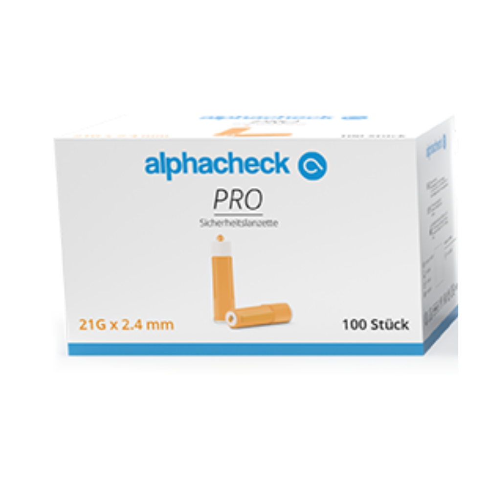 Billedet viser en hvid æske Alphacheck PRO sikkerhedslancetter, forskellige størrelser fra Berger Med GmbH. Teksten på æsken angiver, at lancetterne er 21G x 2,4 mm store og æsken indeholder 100 stykker. På forsiden af æsken er to orange lancetter afbildet for at visuelt repræsentere dette vigtige værktøj til kapillær blodprøvetagning og blodsukkertests.