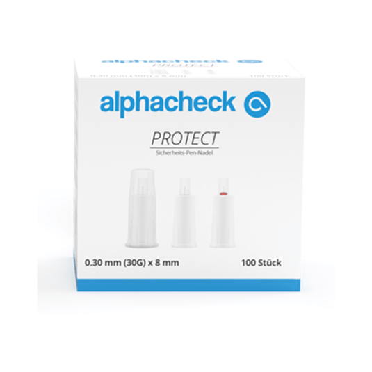 En hvid æske med blå tekst med påskriften "Alphacheck PROTECT sikkerheds-pen-nåle, forskellige størrelser" og "sikkerheds-pen-nål". Æsken, der er beregnet til insulin-injektioner, indeholder 100 stk. 0,30 mm (30G) x 8 mm sikkerheds-pen-nåle. På forsiden af æsken er tre sikkerheds-pen-nåle afbildet i forskellige monteringsstadier. Mærkenavn: Berger Med GmbH
