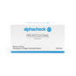 En hvid-blå æske Alphacheck Professional alkoholswabs 3 x 6 cm | Pakke (100 stk) fra Berger Med GmbH indeholder 100 stk, hver 60 mm x 30 mm, gennemvædet med 70% isopropylalkohol. Produktet er mærket både på tysk og engelsk for nem identifikation og er derfor ideelt til huddesinfektion.