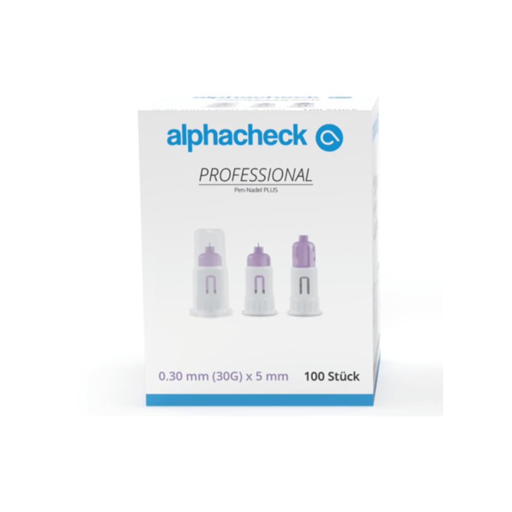 En æske Alphacheck Professional Pen-nåle PLUS, forskellige størrelser, til insulininjektioner. Æsken viser et billede af de sterile nåle og angiver størrelsen: 0,30 mm (30G) x 5 mm. Den indeholder 100 stk. fra Berger Med GmbH.