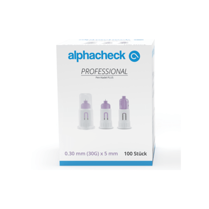 En æske Alphacheck Professional Pen-nåle PLUS, forskellige størrelser, til insulininjektioner. Æsken viser et billede af de sterile nåle og angiver størrelsen: 0,30 mm (30G) x 5 mm. Den indeholder 100 stk. fra Berger Med GmbH.