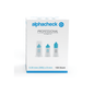 En æske Alphacheck Professional pen-nåle PLUS, forskellige størrelser. Den hvide æske med blå detaljer indeholder 100 stk. sterile nåle, 0,30 mm (30G) x 8 mm, til insulininjektioner. På forsiden ses billeder af tre pen-nåle med tekst i blåt og sort fra Berger Med GmbH.