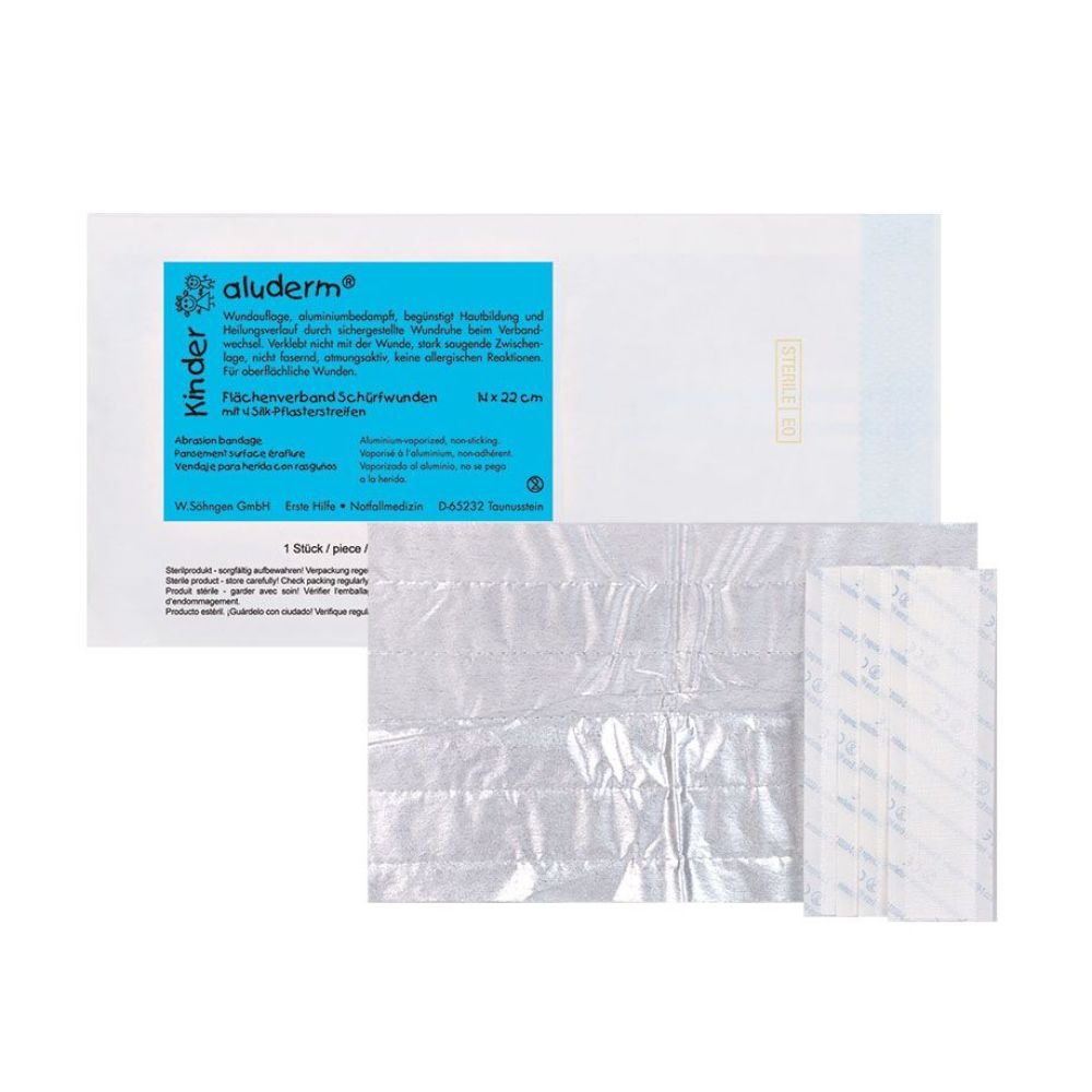 Den aluderm® børnefladebandage til skrammer fra W. Söhngen GmbH er en rektangulær, folielamineret sårbandage med blå "aluderm"-skrift - ideel til skrammer og følsom børnehud. Emballagen viser produktinformation og branding.