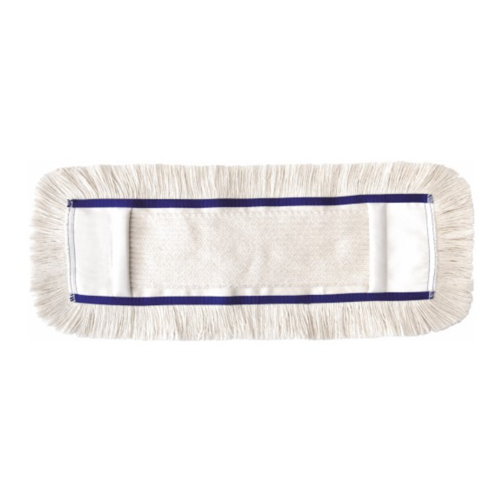 Der Arcora First Mopp Blau von Arcora International GmbH ist ein rechteckiger Moppkopf mit weißen Fransenrändern, einer Stoffmitte und einem dünnen blauen Rand, perfekt für die Unterhaltsreinigung verschiedener Bodenbeläge. Hier vor weißem Hintergrund abgebildet.