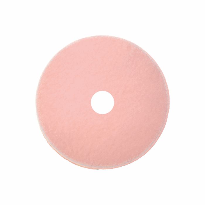 Arcora Ultra-High-Speed Pad Champagner fra Arcora International GmbH er en rund, flad, lyserød rengøringspad med centralt hul og glat tekstur, der er udviklet til anvendelse af gulvpleje Ultra-High-Speed Pads og er afbildet på en enkel hvid baggrund.