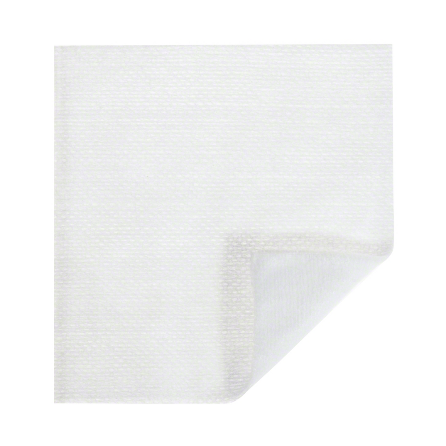 En B. Braun Askina® nonwoven kompress, fremstillet af B. Braun Deutschland GmbH & Co. KG, er foldet i et hjørne foran en hvid baggrund, hvilket fremhæver dens tekstur og fejlfri udseende.