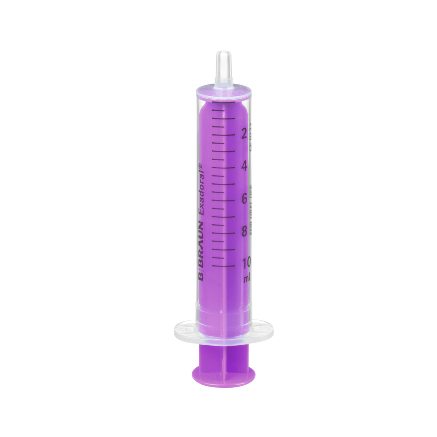 En violet B.Braun Exadoral® engangssprøjte til oral administration af medicin og væsker lavet af plast med målemarkeringer fra 1 til 10 milliliter og en gennemsigtig beskyttelseshætte, perfekt til præcis oral administration, udstyret med teknologi fra B. Braun Deutschland GmbH & Co. KG .