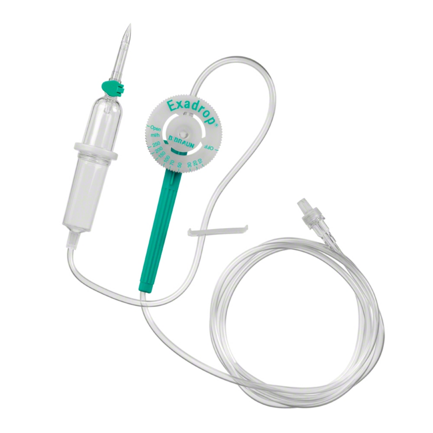 Det B. Braun Exadrop® infusionssæt med præcisionsdråberegulator fra B. Braun Deutschland GmbH & Co. KG muliggør en præcis infusionsterapi. Dette 150 cm lange sæt indeholder en gennemtrængelig spids, et dråbekammer, en grøn regulator og en gennemsigtig plastslange med endeforbindelse til nem integration i enhver infusionsanordning.