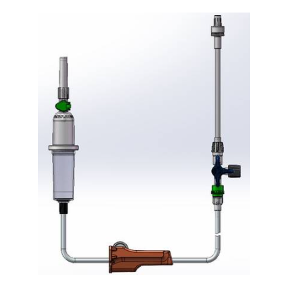 Billede af et sanitært system med forbundne rør og ventiler. Systemet består af en lodret cylindrisk komponent med et manometer og et B.Braun ProSet Intrafix Primeline infusionssæt, 180 cm fra B. Braun Deutschland GmbH & Co. KG, der indeholder tilslutninger og har et brunt hus ved basen.
