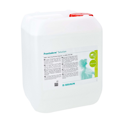 Ein geräumiger weißer Behälter mit Tragegriff, in dem sich „B.Braun Prontoderm® Lösung zur MRE-Dekolonisation von Haut und Schleimhaut“ von B. Braun Deutschland GmbH & Co. KG befindet, sorgt für hervorragende Hautverträglichkeit. Das Etikett enthält einen kleinen Text und ein grünes Logo sowie ein Bild einer Person. Der speziell für die MRE-Dekolonisation entwickelte Behälter ist mit einer roten Kappe sicher verschlossen.