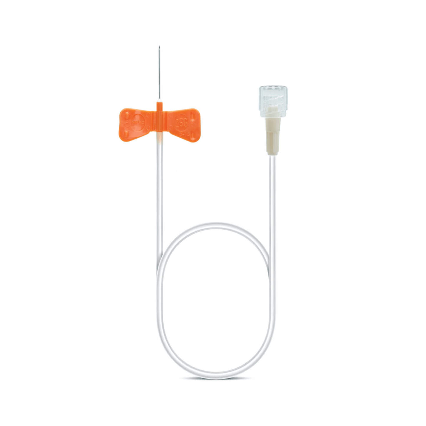 B. Braun Venofix® A vene-punktionssæt fra B. Braun Deutschland GmbH & Co. KG har et orangefarvet vingegreb af krom-nikkelstål, der er fastgjort til en tynd, fleksibel slange og en gennemsigtig forbindelse til en effektiv intravenøs adgang. Enheden vises mod en enkel hvid baggrund.