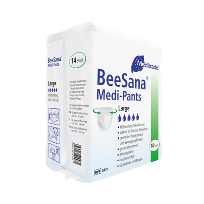 Emballage af BeeSana® Medi-Pants, inkontinensbukser store, viser en hvid-blå æske med 14 inkontinensslips. Symboler illustrerer brugen, og teksten fremhæver funktioner som åndbarhed og komfort med en Meditrade GmbH.